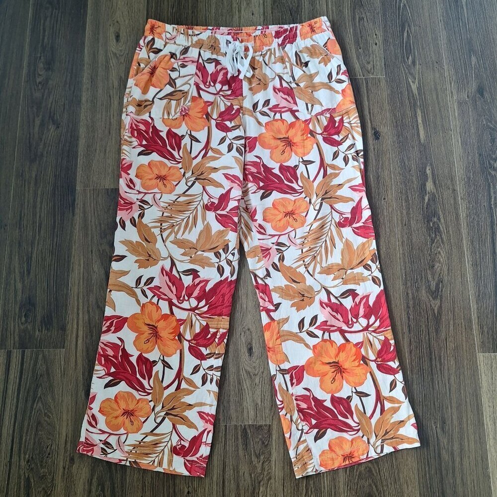 💙 C Est 1946 Wide Leg Linen Blend Floral Pull On Pants Size 18/20 Pockets Casua